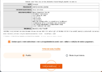 Tela de habilitação para participar do leilão, com opção Solicitar habilitação