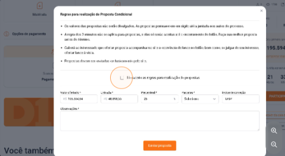 Formulário de proposta com campos de valor, entrada, parcelas e observações