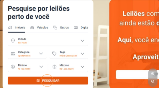 Busca por categoria com filtros de cidade, tipo de bem e faixa de valor