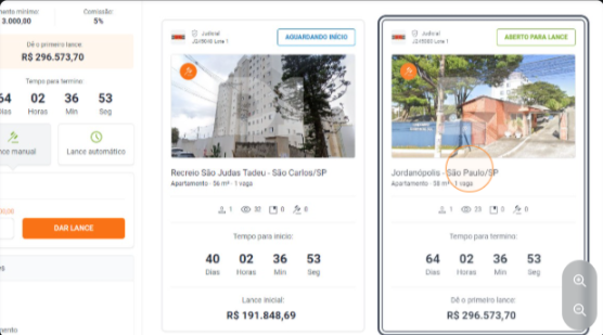 Sala de Disputa com opções de Lance Manual e Lance Automático