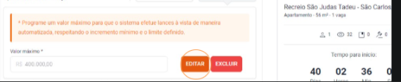Tela de edição e cancelamento do Lance Automático