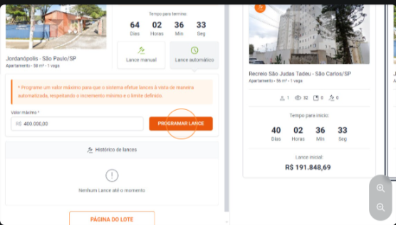 Formulário de lance automático com botão PROGRAMAR LANCE