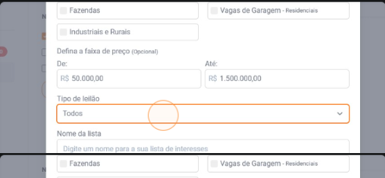 Seleção de tipo de bem, faixa de valor e tipo de leilão
