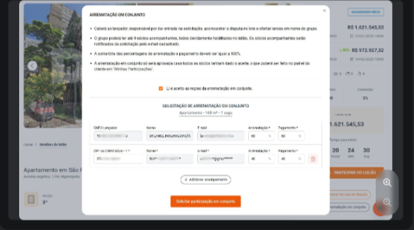 Formulário com percentuais de Arrematação e Pagamento dos participantes