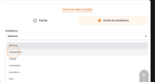 Tela de habilitação com opção Direito de preferência