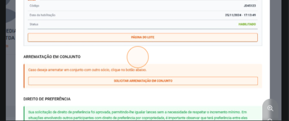 Sala de Disputa com lance ofertado com ícone de preferência